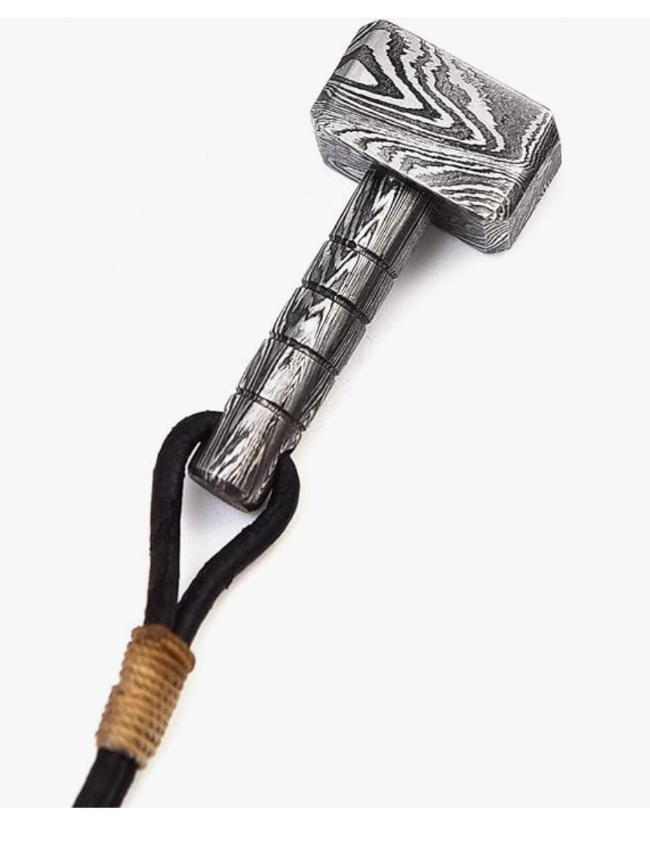 Damascus steel Thor hammer Mjolnir pendant with patterned surface